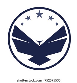 Blue navy bird abstract vector in a circle with stars. Animal based logo, symbol, sign, sticker templates