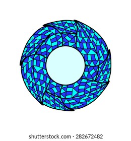 Blue and navy colored mosaic leaves in the shape of circle with black outline and blue colored round center with place for text inside it isolated on white background. Logo template, design element