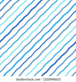 Blue, navy diagonal wavy marine stripes, doodle style waves seamless repeat background. Water, river, sea dynamic texture. Oblique hand drawn winding lines, tilted streaks, strips, bars pattern.
