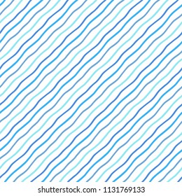 Blue, navy diagonal wavy marine stripes, pinstripes, doodle style waves seamless pattern. Oblique hand drawn winding lines, tilted streaks, strips, bars background. Water, river, sea dynamic texture. 