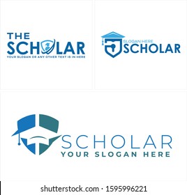 Blue navy green shield mortarboard key hole icon symbol casual logo idea suitable for technology education training cyber security university celebration academy knowledge graduation learning