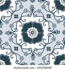 Blue, navy, and grey seamless floral pattern. Hand-drawn and inspired by art-nouveau ceramics. You can enjoy this seamless pattern on packaging, wallpaper, backgrounds, or any way you like it!