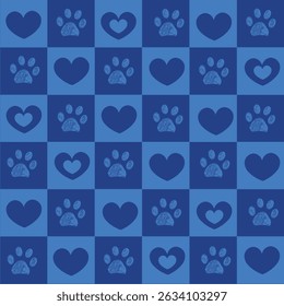 Blue and navy hearts pattern with paw prints