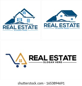 Blue navy home roof window and trolley symbol icon template logo suitable for real estate mortgage retail store shopping business building e commerce