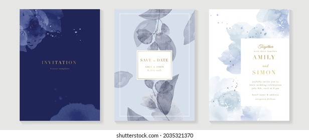 Blue and navy indigo floral and gold watercolor wedding invitation vector set. Luxury background and template layout design for invite card, luxury invitation card and cover template.