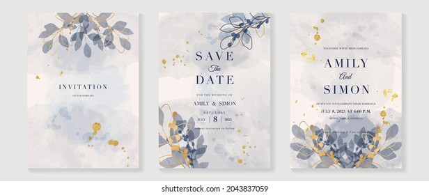 Blue And Navy Indigo Floral And Gold Watercolor Wedding Invitation Vector Set. Luxury Background And Template Layout Design For Invite Card, Luxury Invitation Card And Cover Template.