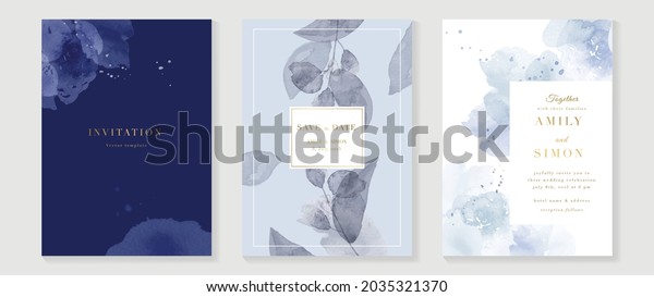 Blue and\
navy indigo floral and gold watercolor wedding invitation vector\
set. Luxury background and template layout design for invite card,\
luxury invitation card and cover\
template.