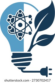 Una bombilla azul y azul marino con un diseño de átomos y hojas sobre un fondo blanco, que simboliza soluciones energéticas ecológicas y sostenibles con un toque científico.