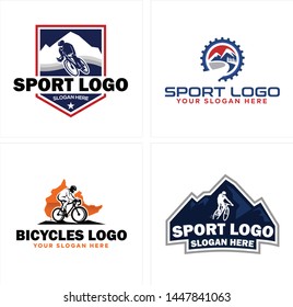 Blue navy line art Badge logo design illustration vector mountain and man cycling with icon gear suitable for sports bicycles nature competition
