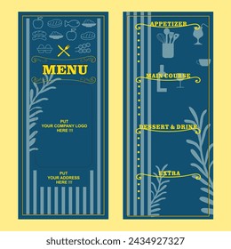 Blue Navy Line Pattern Menu Template with Curly Lines, Plants, Food Icons, and Bold Strokes