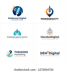 blue navy orange pin circle square building star rocket badge modern logo design vector suitable for industry marketing digital 