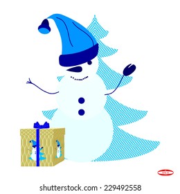 blue navy snowman  with gift to christmas with fir tree isolated on white background vector