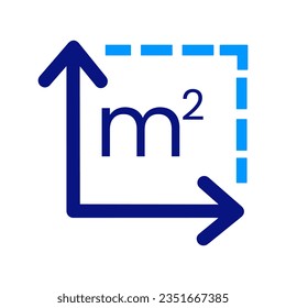 Blue and navy blue Square meter outline information on white background. M2 sign and Measuring land area symbol. Area. Place dimension. 