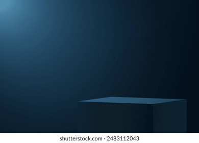 Fondo azul marino de la sala de estudio. Vector de fondo azul oscuro 3d con podio. Habitación vacía con efecto de luz. Espacio para vender productos en el Sitio web. Telón de fondo de negocios. Ilustración vectorial.