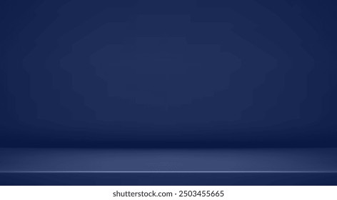 Blue navy studio room. Limbo dark background. Abstract 3d backdrop for product presentation. Minimal wall scene. Showcase, promotion display. Vector stage mockup illustration