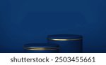 Blue navy studio wall with step podium. 3d pedestal abstract backdrop for product presentation. Minimal wall scene. Showcase, promotion display. Vector stage mockup illustration