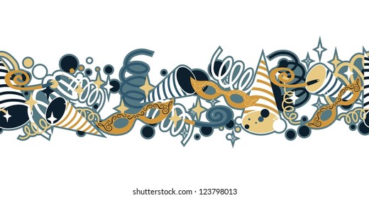 blue navy yellow gold white party time horizontal seamless border with Venetian masks confetti and serpentines on white