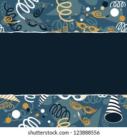 blue navy yellow gold white party time background with Venetian masks confetti and serpentines horizontal seamless pattern torn with place for your text