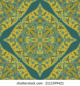 Blue nd yellow floral background. Oriental vintage pattern. Template for textile, cushion, shawl, carpet, tapestry, rug.