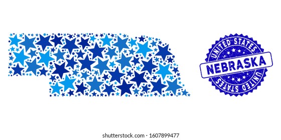 Blue Nebraska State map collage of stars, and grunge round stamp. Abstract territory plan in blue color tints. Vector Nebraska State map is designed of blue stars.