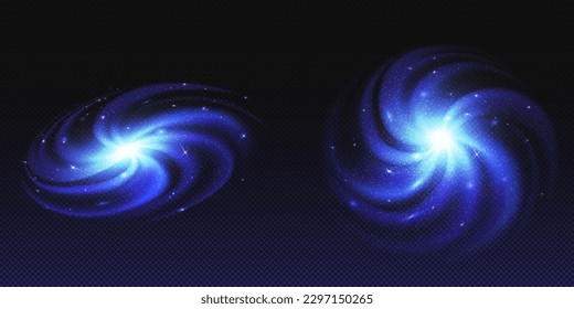 Blue nebula, spiral galaxy with glowing planets and stars. Space twisted andromeda system with white hole and milky way, deep cosmos with interstellar dust, abstract realistic vector on transparent