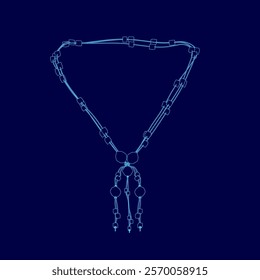 Blue necklace with a pendant is shown in a blue background. The necklace is made of beads and has a triangular shape