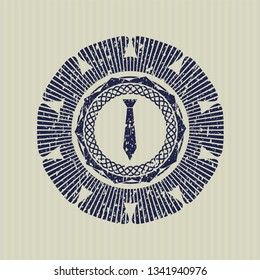 Blue necktie icon inside distress rubber stamp with grunge texture