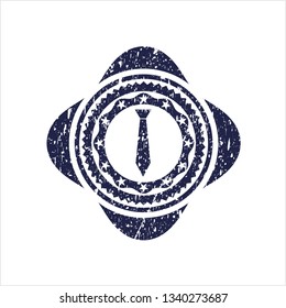 Blue necktie icon inside distressed rubber seal with grunge texture