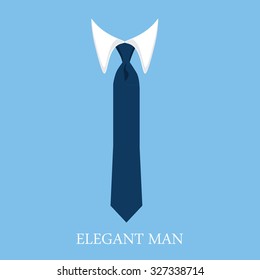 Blue necktie. Vector illustration white shirt and blue tie on blue background with text elegant man.
