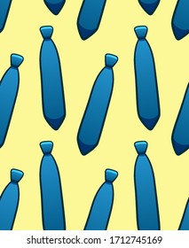 Blue neckties seamless pattern. Decoration for greeting card, wrapper and textile. Yellow background, vector.