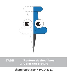 Blue Needle Pushpin. Trace and color the colorless half. Dot to dot educational game for kids.