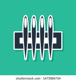 Blue Needle for sewing icon isolated on green background. Tailor symbol. Textile sew up craft sign. Embroidery tool.  Vector Illustration