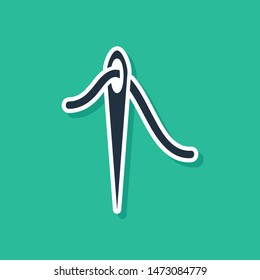 Blue Needle for sewing with thread icon isolated on green background. Tailor symbol. Textile sew up craft sign. Embroidery tool.  Vector Illustration