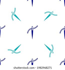 Blue Needle for sewing with thread icon isolated seamless pattern on white background. Tailor symbol. Textile sew up craft sign. Embroidery tool.  Vector