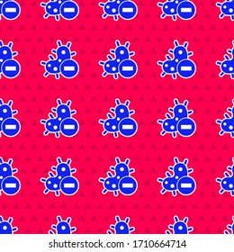 Icono del virus azul negativo aislado sin fisuras en el fondo rojo. Virus Corona 2019-nCoV. Bacterias y gérmenes, cáncer celular, microbio, hongos. Ilustración vectorial