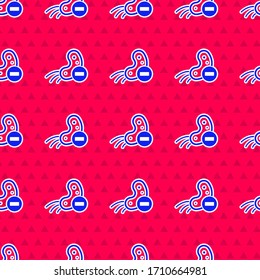 Icono del virus azul negativo aislado sin fisuras en el fondo rojo. Virus Corona 2019-nCoV. Bacterias y gérmenes, cáncer celular, microbio, hongos. Ilustración vectorial