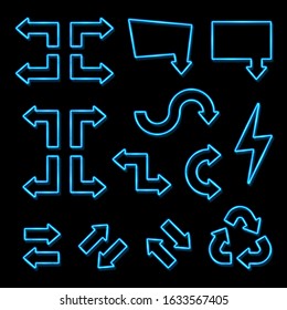 Blue neon 3d arrows set on black background. Shining led halogen lamp sign showing direction. Illuminated frame light pointer symbol. Circle recycling arrow lightning bolt. Bright vector illustration.