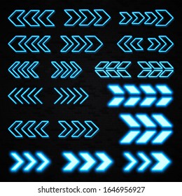 Blue neon 3d arrows set on black brick wall background. Shining led light sign showing left and right direction. Illuminated outline pointer symbol in night bar neon style. Bright vector illustration.