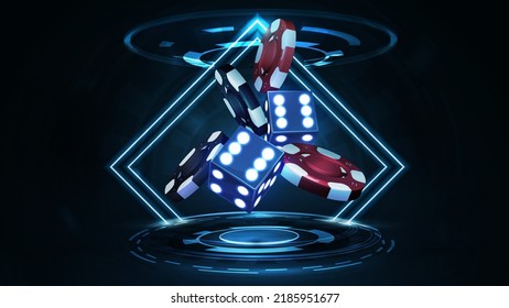 Blue neon 3D dice with red and black realistic gambling stack of casino chips in dark scene with neon rhombus frames and hologram of digital rings