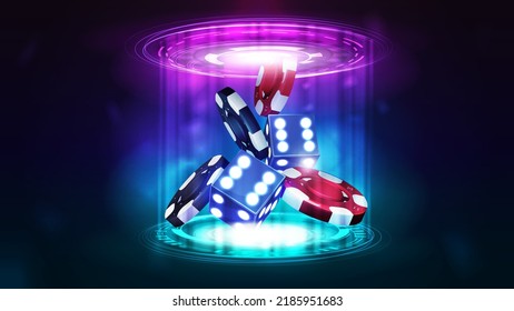 Blue neon 3D dice with red and black realistic gambling stack of casino chips inside pink and blue hologram of digital rings in dark empty scene