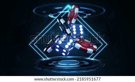 Blue neon 3D dice with red and black realistic gambling stack of casino chips in dark scene with neon rhombus frames and hologram of digital rings