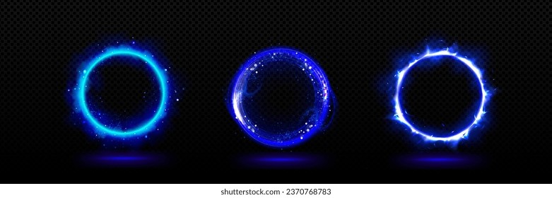 Blue neon 3d magic light glow effect on circle portal. Abstract vector ring energy flare. Isolated teleport radial electric frame with sparkle and steam. Mysterious circular fire luminous with smoke