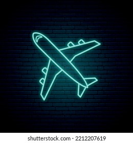 Blue neon airplane sign. Glowing airplane icon on dark brick wall background. Stock vector illustration.