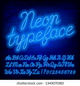 Blue Neon alphabet font. Blue neon color lowercase and uppercase script letters and numbers. Stock vector typeface for your typography design.