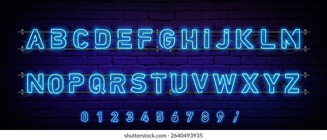 Blue Neon alphabet font. Neon color letters and numbers. Stock vector typescript for your design.