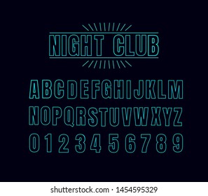 Blue Neon alphabet font.
multicolored font letters and numbers. 
font named "Night Club" with label design.
