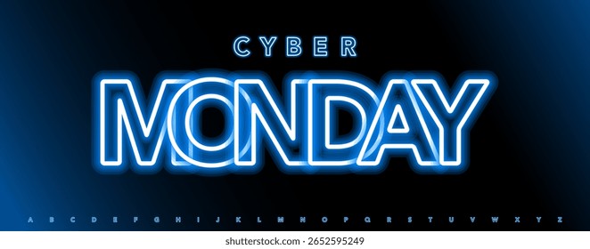 Alfabeto de néon azul, letras de contorno brilhante, fonte luminosa vibrante para banner promocional, venda Cyber Monday, botão digital, título da loja, manchete de marketing, design tipográfico luminoso. Tipo de vetor