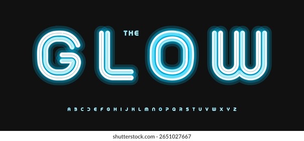 Alfabeto de néon azul, letras arredondadas brilhantes, fonte elétrica de linha em negrito para cyber monday tech banner, casino UI, sinal de festa, promo on-line, manchete digital, design tipográfico luminoso. Tipo de vetor