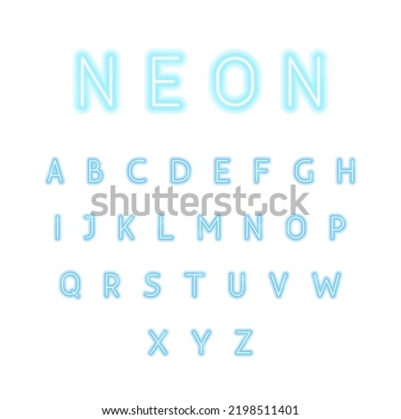 Blue Neon Alphabet Isolated. Vector Illustration of Glowing Bright Led Lamp over White Symbols.