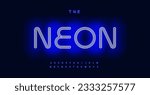 Blue Neon alphabet, luminous vibrant typeface, nightlife electrifying glow. Font for club logos, casino signs, captivating headlines. Vector typeset.